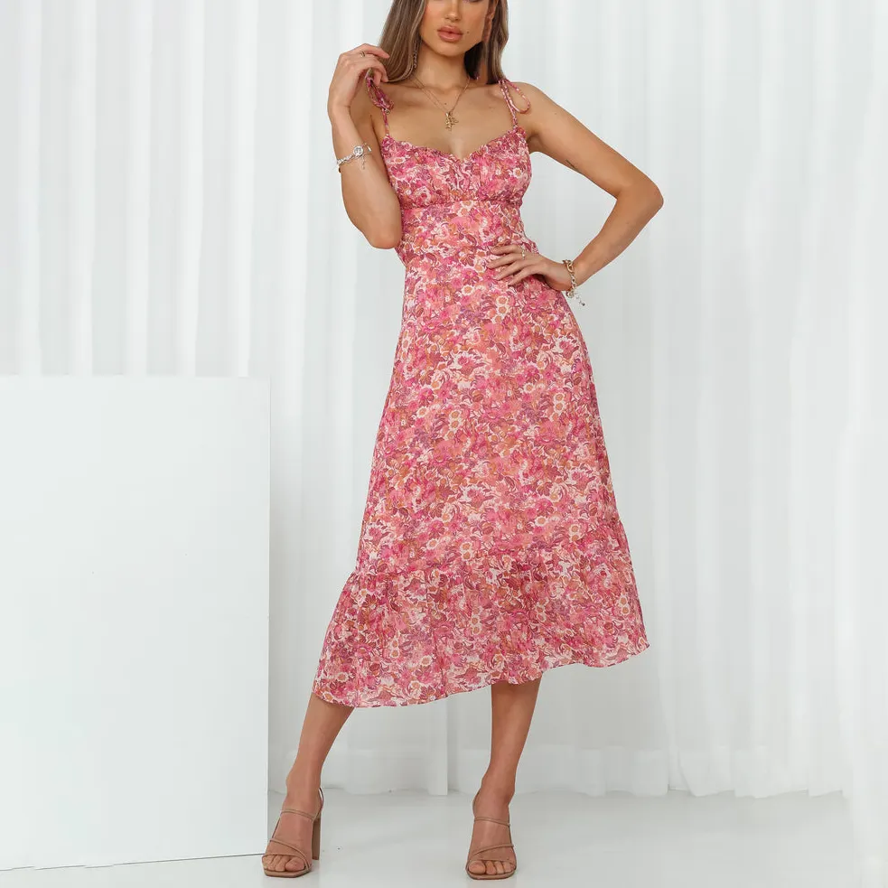 Frühling Sommer Mode Damen individuell ärmellos sexy rückenfreies Midi-Kleid elegantes romantisches rosa blumendruck passend Flare-Kleid