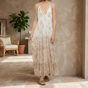 Vestido Maxi Cruzado para Mujer, 100% Algodón Orgánico Tejido, Cintura Natural, Escote en V Profundo, Sin Mangas, Lazo Ajustable, Color Liso, Casual, Transpirable - Product Image 3