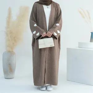 刺绣袖口Abaya斋月穆斯林妇女和服高品质希瑟透气Abaya带云针线袖