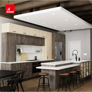 Gabinetes de Cocina Modernos Minimalistas Personalizados Alland, en Dos Tonos, con Chapa de <span class=keywords><strong>Nogal</strong></span>, sin Tiradores, con <span class=keywords><strong>Encimera</strong></span> de Cuarzo - Product Image 1