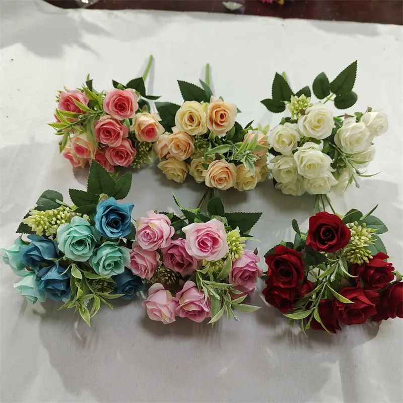 Более дешевые 5 веток 10 головок Маленькие розы Искусственные цветы оптом для свадебного декора
