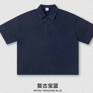 Polo en coton délavé vintage pour homme, manches courtes, couleur unie, logo personnalisé, streetwear décontracté - Product Image 3
