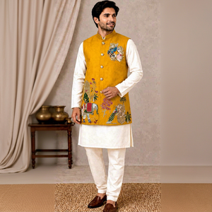 NOIIR PIGEON Chaleco Kurta Amarillo Bordado para Hombre, Diseño Tradicional Indio para Bodas, Corte Regular, Algodón - Product Image 1