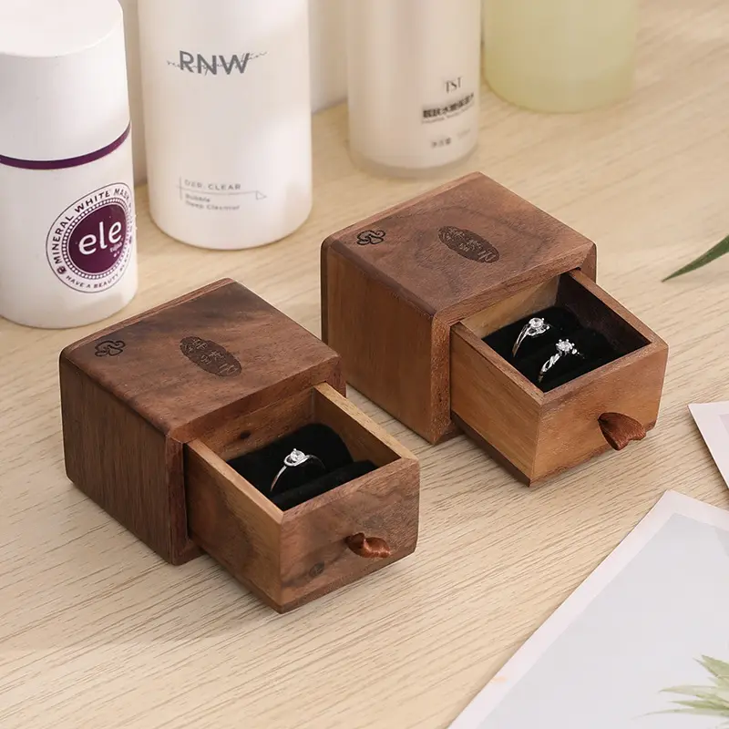 Slide Drawer Jewelry Packaging Box Custom Logo Walnut Small Wooden Jewelry Ring Box for Gift