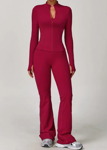 <b>Three</b> Piece Yoga Set <b>Quarter</b> Zip Racerback Crop Top High Waist Full Length <b>Pants</b> Seamless Breathable Solid Color ODM OEM - Product Image 5
