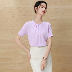 Women's Short Sleeve Satin Shirt Button Down Elegant Candy Color Top For Everyday Wear - Product Image 3