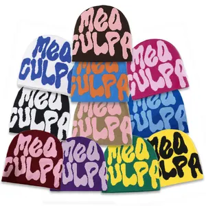 38 colors in stock custom logo beanie hats custom logo manufacturer with reversible mea culpa y2k embroidery jacquard