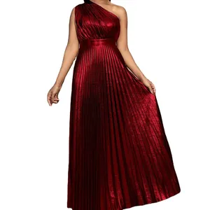 Boskims High Collar A-Line Party Club Dress Solid One-Shoulder Pleated Maxi Dress Sexy Simple Style Floor-Length Sleeveless XL