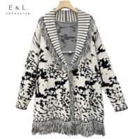 E & L OEM hiver dames élégant mi-long Jacquard tricoté Cardigan ouvert poitrine revers gland à manches longues Style décontracté pull