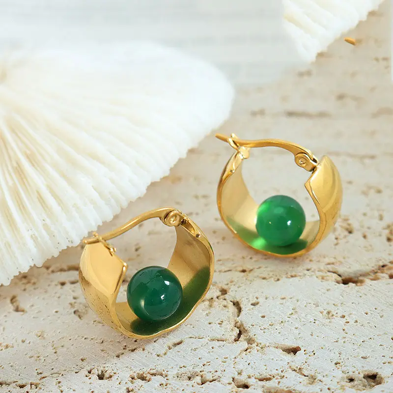 Stile Vintage agata verde intarsiato orecchini Piercing a cerchio in acciaio inox vuoto oro 18K gioielli di moda