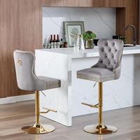 Lot de 2 chaises de bar rembourrées modernes avec dossier tufté confortable pour pub maison et îlot de cuisine gris