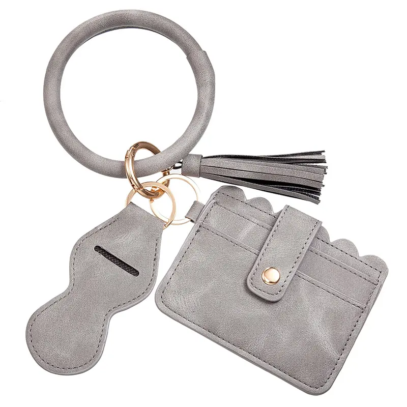 Circle Wristlet Card Holder Keychain Wallet Unisex PU Leather Pendant Lipstick Holder Bag Wrist Strap Durable Key Chains Purse