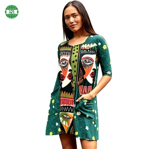 Abito Personalizzato con Stampa a Maniche Medie, Collo Tondo, Lunghezza Sopra <span class=keywords><strong>il</strong></span> Ginocchio con Tasca Frontale HOUSON APPAREL FACTORY - Product Image 1