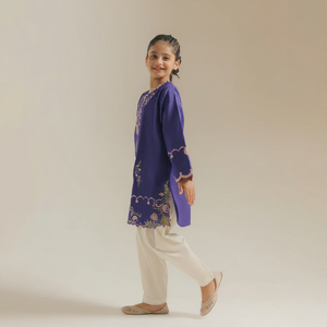 Girls Purple Embroidered Kurta With Cream Pants Traditional Indian Pakistani Wear Regular Fit Midi Length Cotton Casual Outfit - Product Image 3