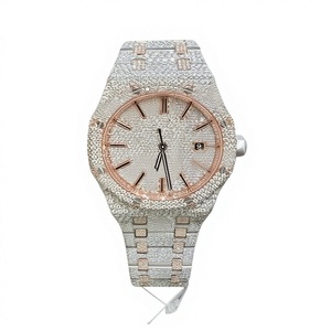 Montre de luxe pour homme, faite à la main, avec diamants Moissanite, 41 mm, VVS, entièrement sertie d'or, bracelet en argent mécanique, cristal saphir, étanche 10 bars - Product Image 1
