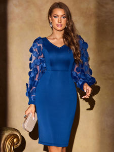 Vネック3D花柄メッシュ薄手長袖ショートパーティードレスサファイアブルー女性用エレガントカクテルセミフォーマルプロムドレス - Product Image 5