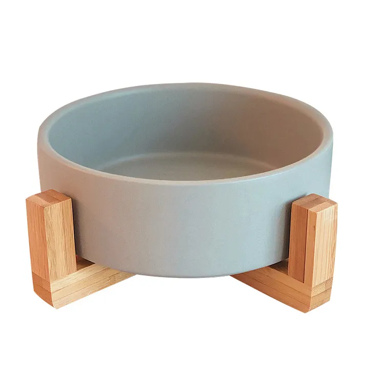 gray color custom shape round pet cat feeder ceramic dog bowl bamboo holder