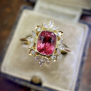 Bague de cocktail pour femme F1743 en or massif 18 carats avec tourmaline et diamant marquise, sertie de fleurs, bijoux fins pour fiançailles - Product Image 1