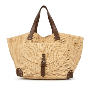 Sac cabas en raphia pour femme, style bohème, couleur unie, sac de plage d'été avec poignées en cuir, fermeture éclair, doublure en coton - Product Image 1