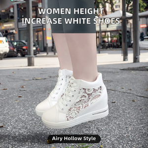 Women's High Top Lace-Up Inner <b>Height</b> <b>Increase</b> Walking <b>Shoes</b> Thick Sole Breathable Lightweight White Sneakers with Hollowed Lace - Product Image 2
