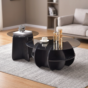 Modern <b>Round</b> Tempered Glass <b>Coffee</b> <b>Table</b> Set With Storage <b>Black</b> Wood Base Living Room Furniture - Product Image 1