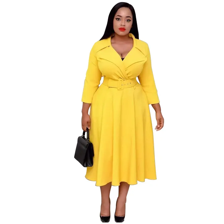 Hot Selling Summer Deep V-neck Midi Length Solid Color Suit Collar African High Waist Casual Plus Size Dresses