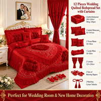 Ensemble de literie de luxe 12 pièces matelassé pour mariage avec rideaux, oreillers décoratifs, pantoufles – Ensemble complet de chambre nuptiale en gros
