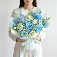 Bouquet de roses éternelles naturelles bleues à marque privée – Cadeau idéal pour Noël, anniversaire, remise de diplôme – Longue durée
