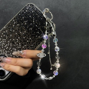 Bracelet de luxe en perles de cristal, chaîne de téléphone étoile Saturne, breloques électroplaquées, perles, breloques pour téléphone portable, dragonne de poignet - Product Image 3