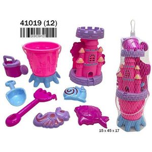 Set di Giocattoli da Spiaggia Castello di Sabbia Rosa 7 Pezzi con Secchiello, Paletta e Stampi per Bambini - Product Image 1