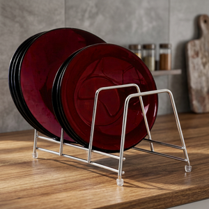 Étagère à assiettes en métal à un seul niveau, support de rangement de cuisine sur pied, design moderne, durable, assiettes rouges incluses - Product Image 4