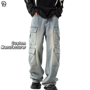 <span class=keywords><strong>Jean</strong></span> <span class=keywords><strong>cargo</strong></span> sur mesure pour homme, coupe ample, multi-poches, en denim délavé, style rétro, décontracté, jambe large - Product Image 1