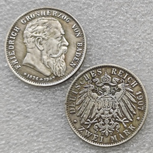 Moneda de 2 marcos de los estados alemanes BADEN de 1907, monedas conmemorativas de estilo antiguo del <span class=keywords><strong>rey</strong></span> Friedrich, regalos, decoración del hogar - Product Image 1