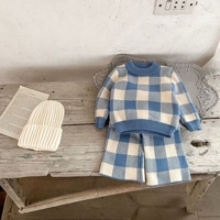 Ensemble de vêtements pour bébé en tricot à carreaux d'automne-hiver, pull décontracté neutre pour garçons et filles, pantalon, 2 pièces