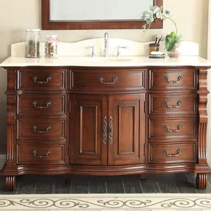 Tocador de baño montado en el suelo, mueble de baño de Mdf, color marrón antiguo, Natural de Cararra 60 pulgadas, tocador superior de mármol blanco