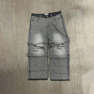 Pantalon en jean coupe droite incrusté de diamants, jeans amples déchirés, jeans baggy personnalisés avec strass - Product Image 2