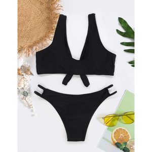 Conjunto de bikini negro para mujer, traje de baño de dos piezas con cuello en V profundo y estilo push-up - Product Image 5