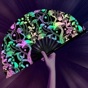Ventilador de mano plegable de bambú grande de 13 pulgadas con efecto UV para fiestas rave, festivales, discotecas, música electrónica y baile. - Product Image 1