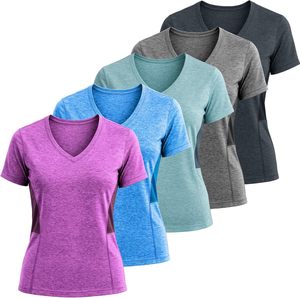 Camiseta de manga corta con cuello en V para mujer, camiseta deportiva transpirable de secado rápido para entrenamiento, fitness, yoga, ropa deportiva - Product Image 1