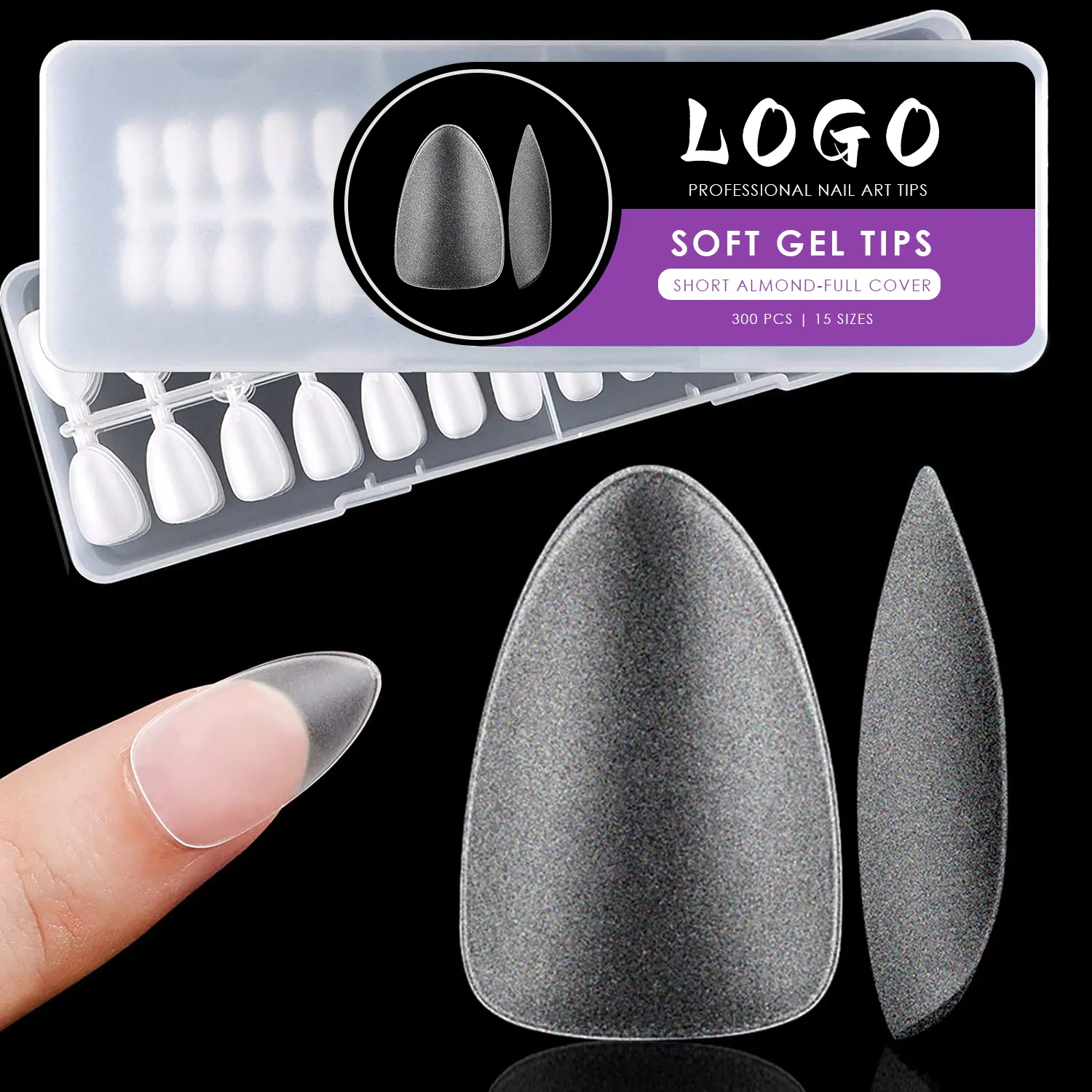 Purple black label design full matte cover 300 pcs 15 size short almond soft gel nail tips