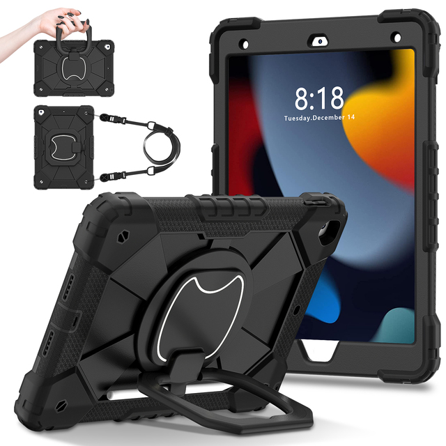 Rugged PC Silicone Tablet Case Shockproof Protective Cover with Hand Strap Stand for iPad 10.2 9th 8th 7th Gen
