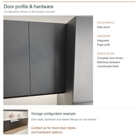 Ensemble de meubles de cuisine sur mesure, portes laquées minimalistes, aménagement en U et tiroirs à fermeture amortie, structure en panneaux mélaminés