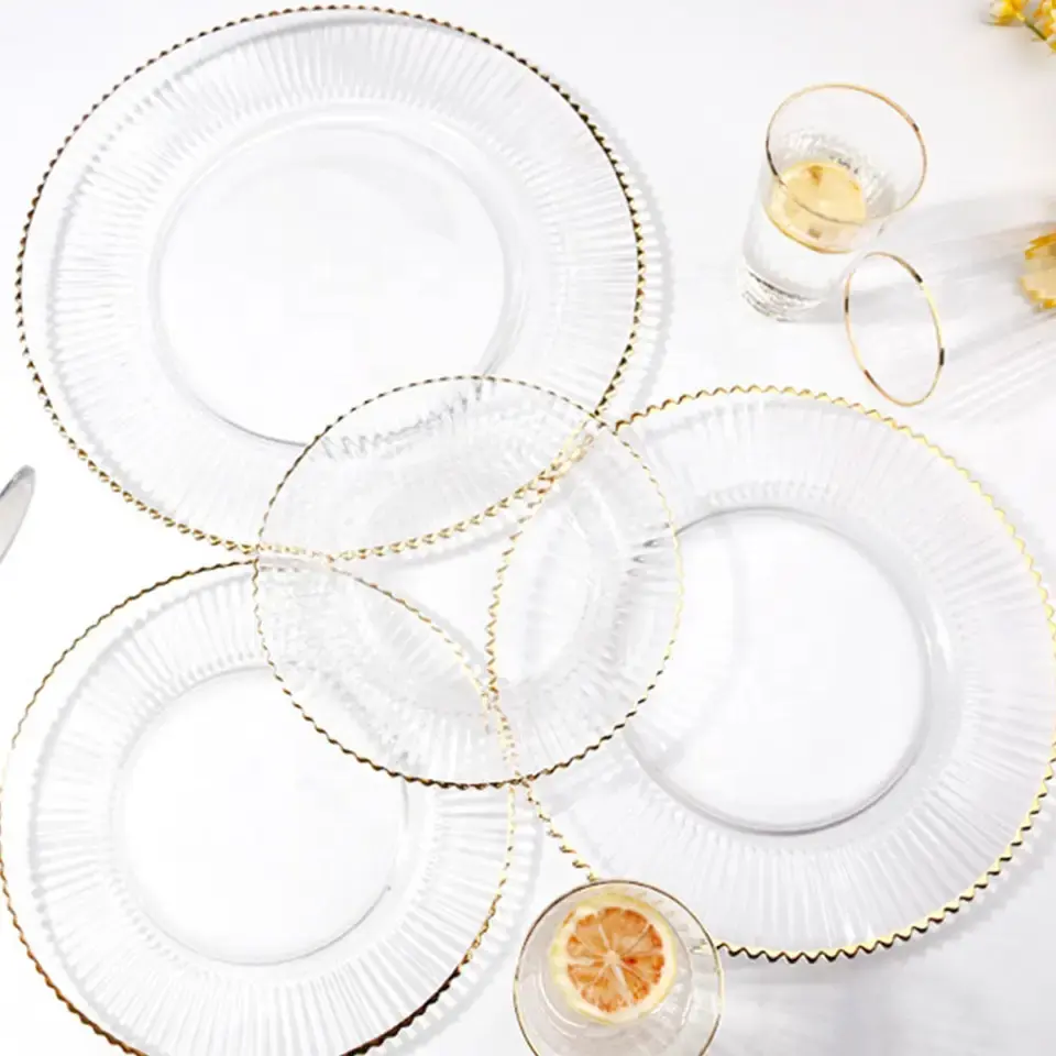 Wholesale 13 Inch Irregular Clear Line Pattern Rose Gold Silver Gold Rim Glass Under Charger Plates for Wedding