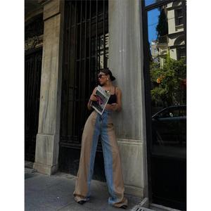 Pantalones de Mezclilla con Parches de Cuero de Cintura Alta para Mujer, Transpirables y Ligeros, Color Beige, Talla XL, para Oficina - Product Image 4