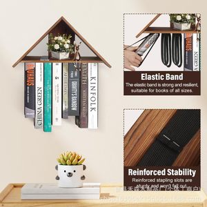Wooden <b>Wall</b> <b>Mounted</b> <b>Shelf</b> 1 Tier Polygon Shape Floating Book Storage With Elastic Band For Home Organization - Product Image 1