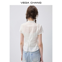 Chemisier blanc style Qipao VEGA CHANG pour femme, col mandarin avec boutons grenouille, haut jacquard à manches courtes, vente en gros