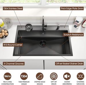 JUNJIE 럭셔리 16 게이지 스테인레스 스틸 친환경 5 년 보증 드롭 인 주방 싱크 33x22 인치 싱글 볼 <span class=keywords><strong>6</strong></span> 컵 와셔 - Product Image 2