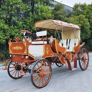 Charrette de tourisme électrique vintage en bois avec ornement doré et auvent solaire pour transport de mariages et excursions panoramiques - Product Image 1