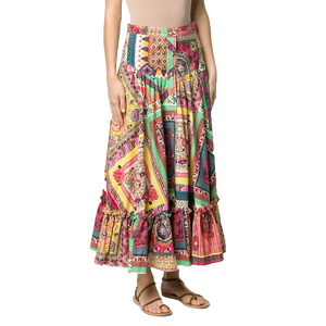 マルチカラーのナチュラルウエストボタン、100％コットン、ティアードデザインのミディ丈スカート、インドの女性用ロングスカート - Product Image 3