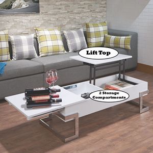 DB Calmam <b>White</b> High <b>Gloss</b> & Chrome Finish Lift Top Coffee <b>Table</b> - Product Image 2